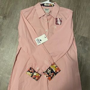 Ariat Pink and White Striped pearl Snap